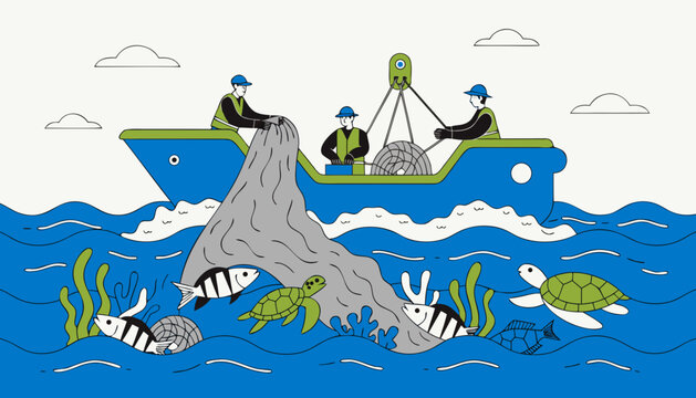 Ocean Cleanup Vessel Fishing Net Sea Turtle Marine Conservation Vector