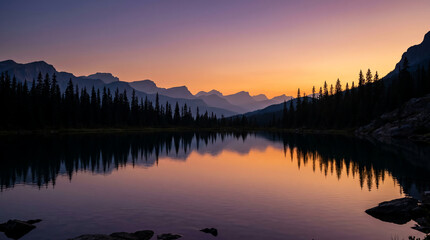 Obraz premium Twilight purple and amber sky over still mountain lake with silhouetted pine trees on far shore and layered ridges fading into distance