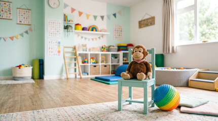 Pediatric physiotherapy corner with stuffed monkey on small chair and colourful balance ball beside © mr_marcom