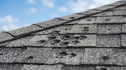 Section of grey asphalt shingles on residential roof showing dark hail impact marks and bruising across granule surface © mr_marcom