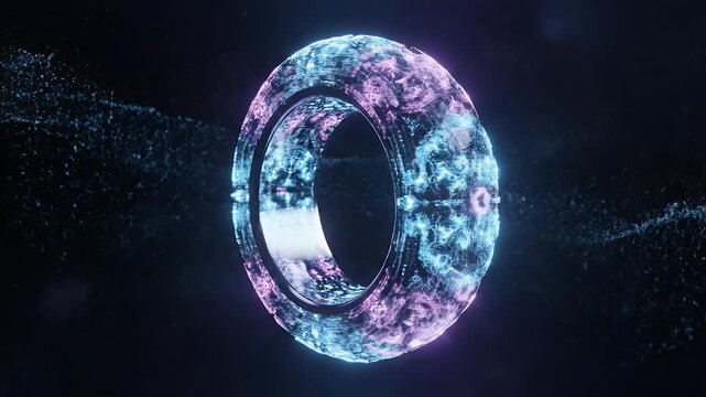 A mesmerizing abstract digital artwork depicts a glowing, fractured orb suspended in a dark, textured space, radiating vibrant blue and pink energy.