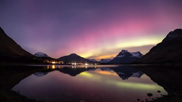 A breathtaking view of the aurora borealis dancing above a serene lake, reflecting the vibrant colors against snow-capped mountains under a twilight sky.