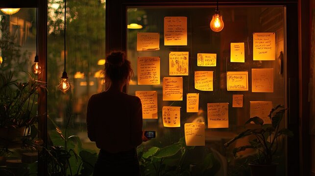 Silhouette of a person observing illuminated reminder notes affixed to a window pane indoors