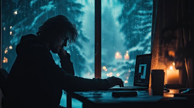 Person focused on a portable computer indoors while rain streaks a window overlooking a dark exterior
