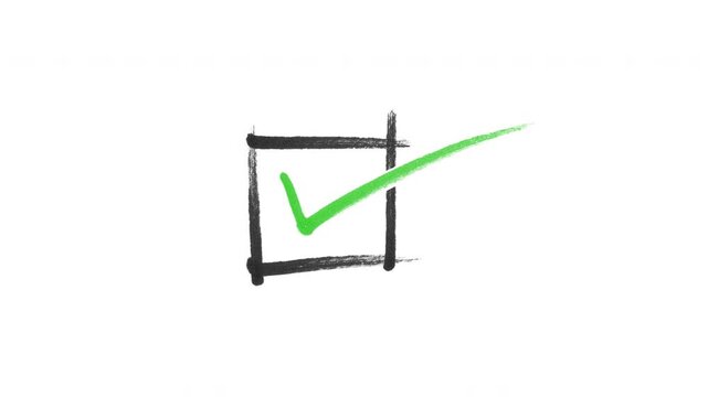 Hand-drawn charcoal style check mark inside a square box on white background. Doodle style check mark icon for approval, Correct and success concept.