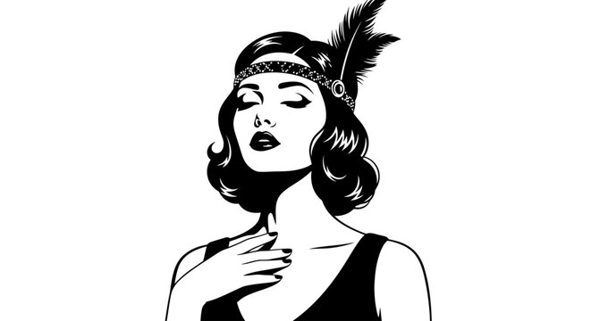 Vintage flapper woman, black and white illustration, 1920s style icon, feather headband