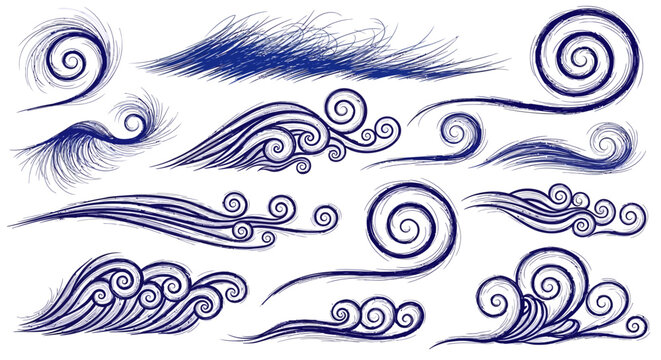 Blue swirling wave, curl, and splash vector graphics set, abstract ocean movement elements