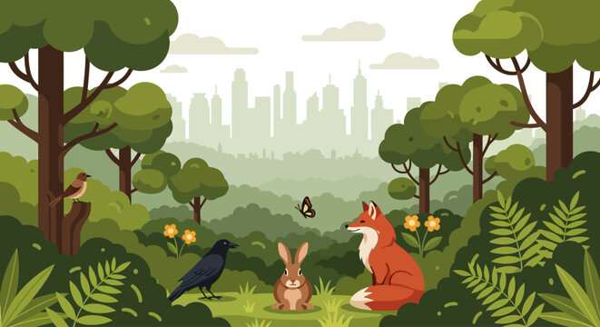 Whimsical forest scene, cartoon animals, wildlife illustration, nature background, vector graphics