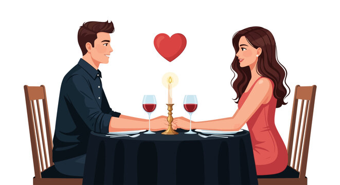 Romantic dinner, couple holding hands, candlelit table, love, valentines day vector