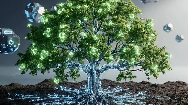 A surreal digital artwork depicts a tree-like structure emerging from dark soil, overlaid with glowing circuit patterns and crystalline formations, symbolizing the fusion of nature and technology.