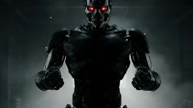 Futuristic black terminator robot standing in dark industrial room