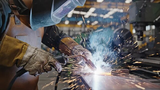 A skilled welder intensely focuses on a welding task in an industrial setting, surrounded by sparks and protective gear.