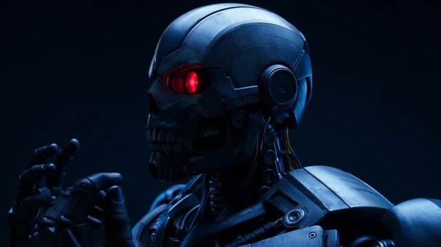 Menacing terminator robot with glowing red eyes in dark background