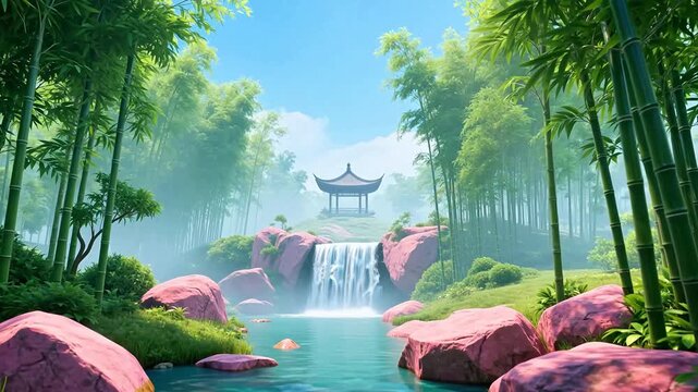 White pavilion surrounded by bamboo and pink rocks