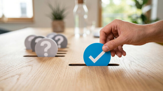 Hand placing blue checkmark card into wooden table slot
