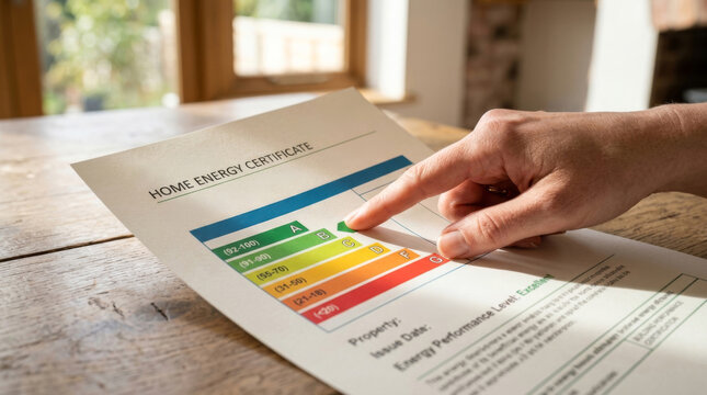 Hand pointing to A rating on home energy performance certificate