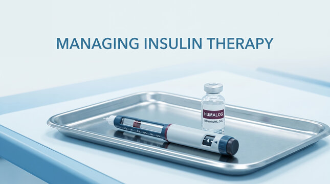 Web banner MANAGING INSULIN THERAPY. Medical tray with insulin pen and vial. Medicine for professional diabetes treatment and managing hormone therapy. Dependent, Blood sugar level, glucose monitoring