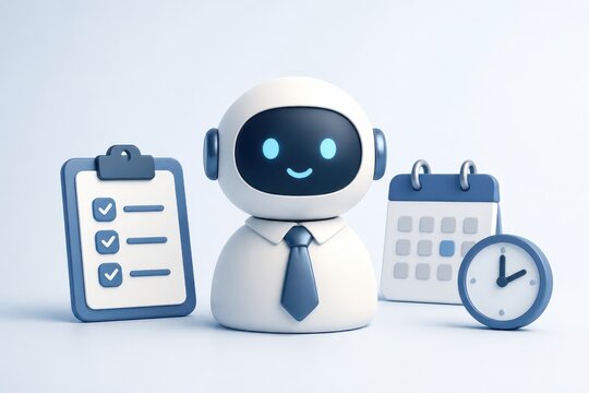 Cute robot assistant with checklist calendar and clock for productivity planning organization and daily routine management