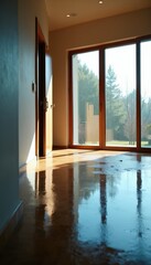 Fototapeta premium Interior room with an open door and a wet wooden floor reflecting light from large windows. Water pools on the shiny surface, indicating a leak or flood. Empty space suggests a modern home design.
