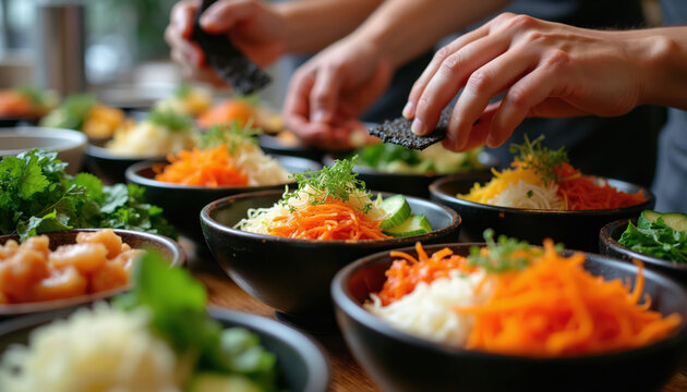 Chefs prepare Korean bibimbap in black bowls with rice, carrots, cucumbers, and fresh greens. They add seaweed and garnish dishes, serving healthy asian meals.