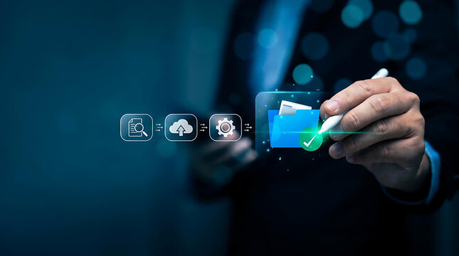 Businessman Managing Secure Digital File Transfer and Cloud Data Storage Technology Concept