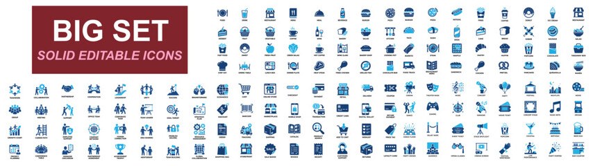 Fototapeta premium Mega icon set of Business teamwork, Ecommerce shopping, Fast food, Restaurant menu, Entertainment nightlife, Online retail, Collaboration, Delivery and Media. Solid icons vector illustration