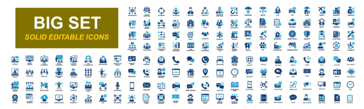 Mega icon set of Business management, Customer support, Insurance protection, Webinar communication, Human resources, Online service, Corporate workflow, Education and technology. Solid icons vector
