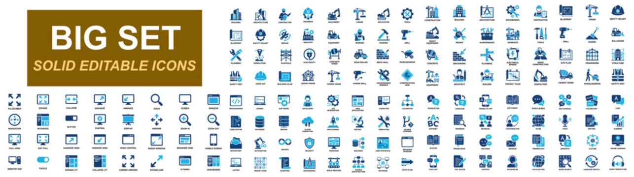 Mega icon set of construction engineering, programming coding, fullscreen interface, language translation, software development, industrial tools, API technology. Solid icons vector illustration