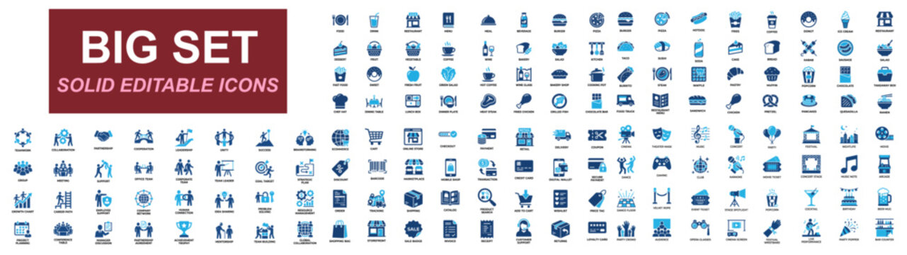 Mega icon set of Business teamwork, Ecommerce shopping, Fast food, Restaurant menu, Entertainment nightlife, Online retail, Collaboration, Delivery and Media. Solid icons vector illustration