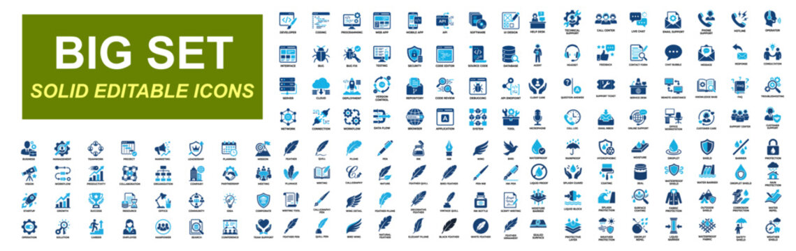 Mega icon set of Customer support, Developer coding, Business management, Waterproof protection, Feather writing and communication systems. Solid icons collection. Vector illustration