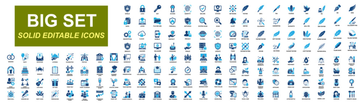 Mega icon set of cybersecurity, business workshop, event planning, beauty spa skincare, feather quill writing, leadership training, data protection, wellness, celebration, solid icons vector