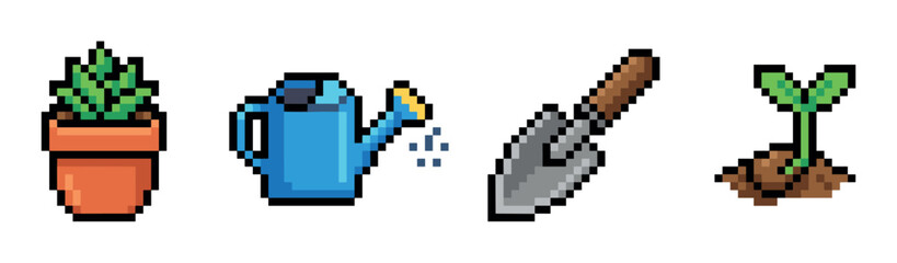 Fototapeta premium Potted plant, watering can, garden trowel, and growing seedling pixel art icons, a charming retro 8-bit style vector illustration for gardening and nature themes