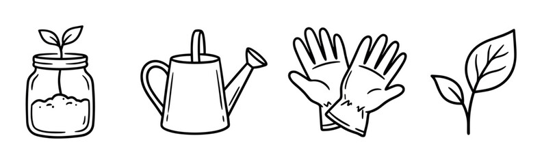 Fototapeta premium Plant in jar, watering can, gardening gloves, and small sprout icons, hand-drawn doodle style vector illustration for horticulture and nature concepts