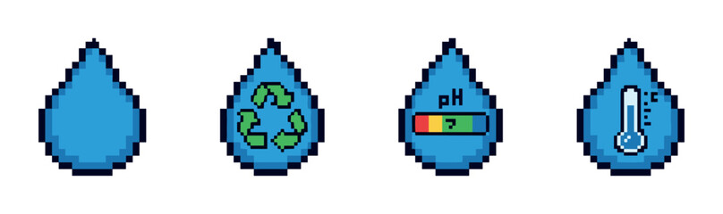 Fototapeta premium Water drop pixel art icons with recycling symbol, pH level indicator, and thermometer showing temperature, vector illustration