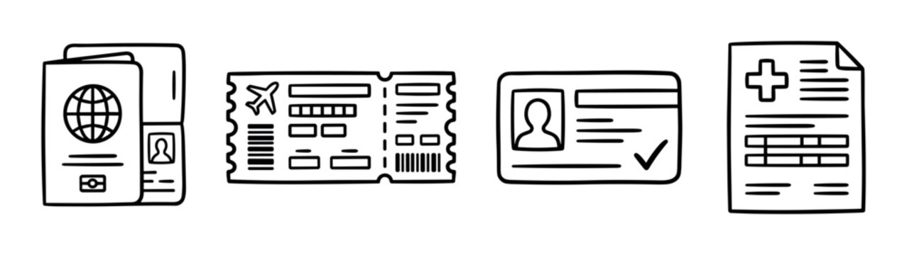 Passport, airplane ticket, ID card, and medical document icons in a hand-drawn doodle style vector illustration for travel and health concepts