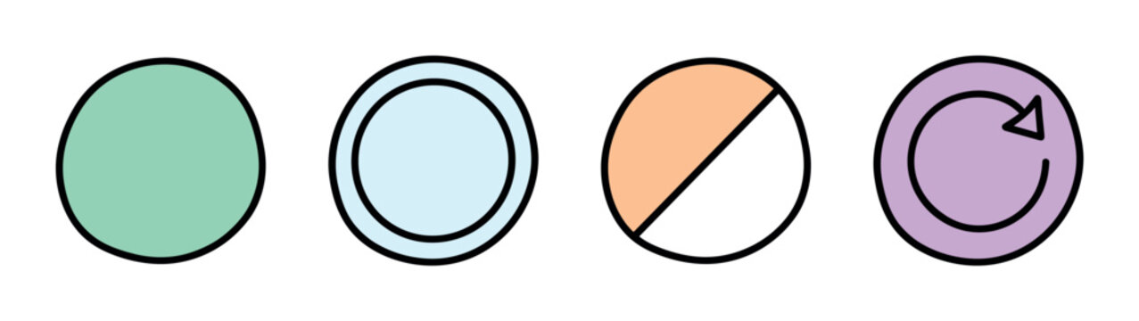 Four colorful circle shapes, one solid, one with inner ring, one half-filled, and one with a refresh arrow, vector illustration set for user interface design elements