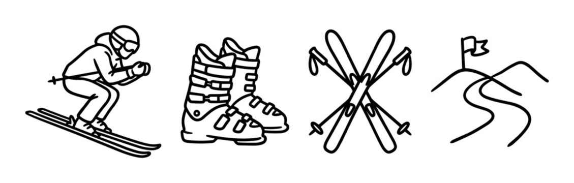 Skier boots skis poles mountain slope flag icons set, winter sports equipment outline vector illustration for recreation and leisure activities