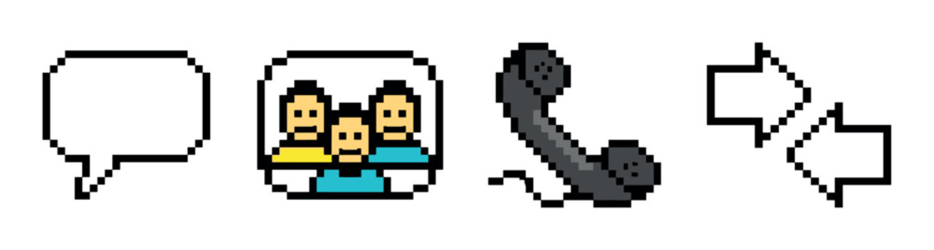 Speech bubble, video call, telephone receiver, and chat arrows pixel art icons for communication and contact concepts in a retro 8-bit style vector illustration