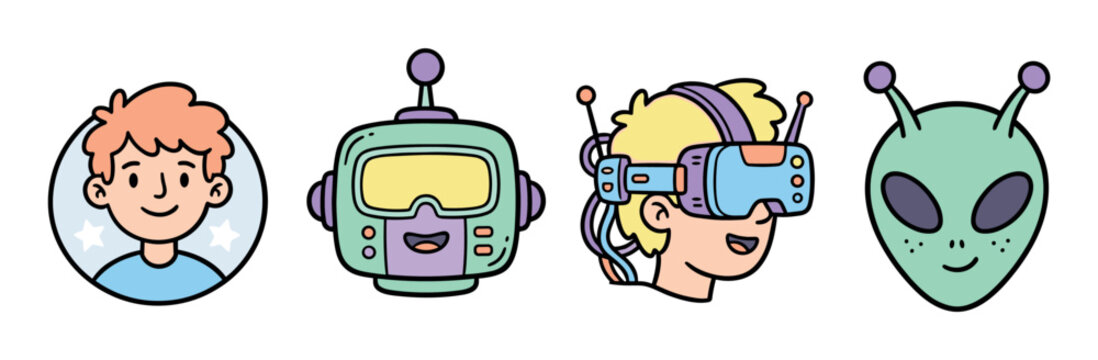 Boy avatar, robot head, virtual reality headset, and alien face icons in a cute doodle style vector illustration set for technology and sci-fi concepts