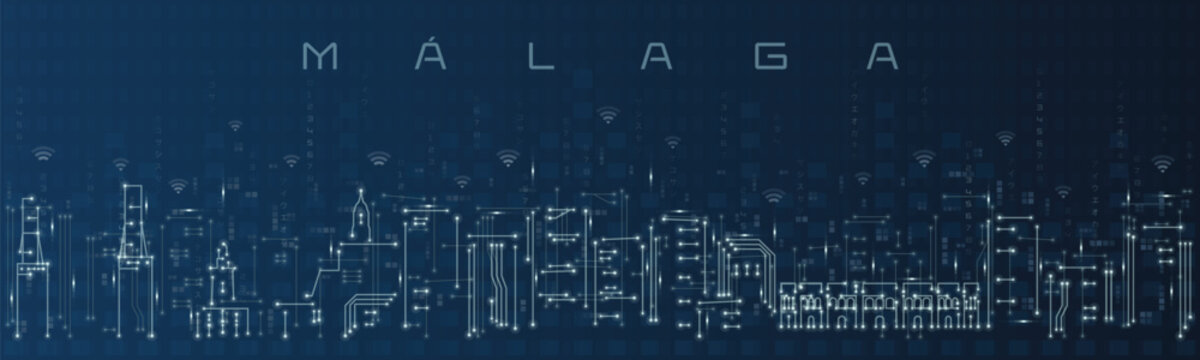 Malaga Smart City Skyline Vector in Circuit Board Style Futuristic Technology Background