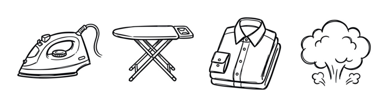 Iron, ironing board, folded shirt, and steam cloud icons, hand-drawn doodle style vector illustration for laundry and household chores