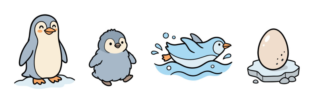 Adult penguin, baby penguin, swimming penguin, and penguin egg on ice cartoon vector illustration set for children's books and educational materials
