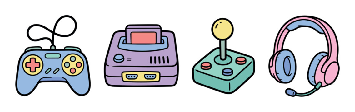 Gamepad console joystick headset icons, a colorful collection of retro gaming accessories in a hand-drawn doodle style vector illustration