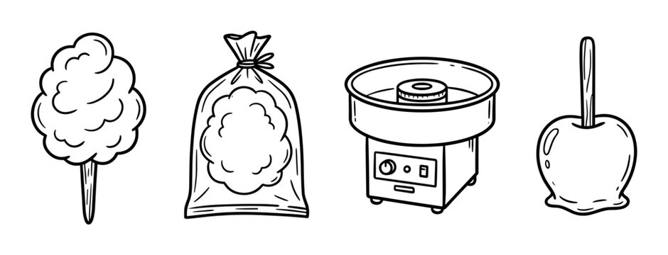 Cotton candy on stick, bagged cotton candy, candy floss machine, and caramel apple icons, hand drawn vector illustration set
