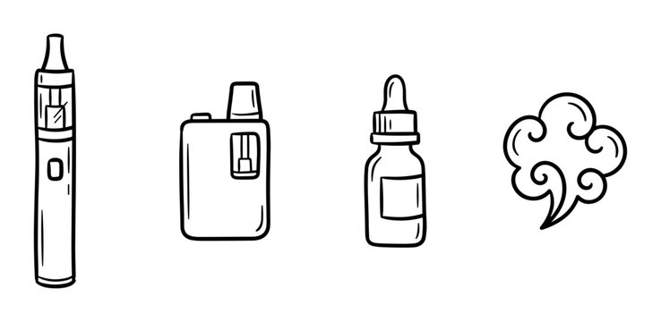 Vape pen, box mod, e-liquid bottle, and smoke cloud icons in a hand-drawn doodle style vector illustration for vaping concepts