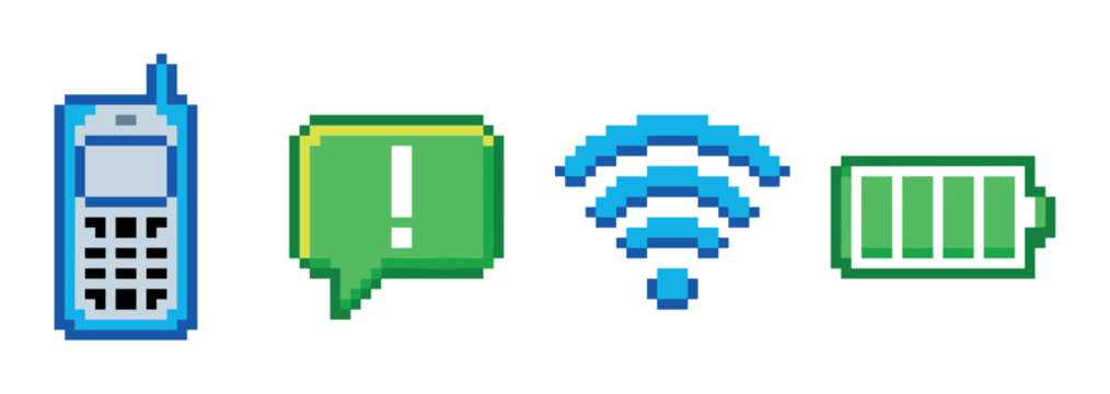Mobile phone, message bubble with exclamation mark, WiFi signal, and battery level pixel art icons set, retro 8-bit style vector illustration