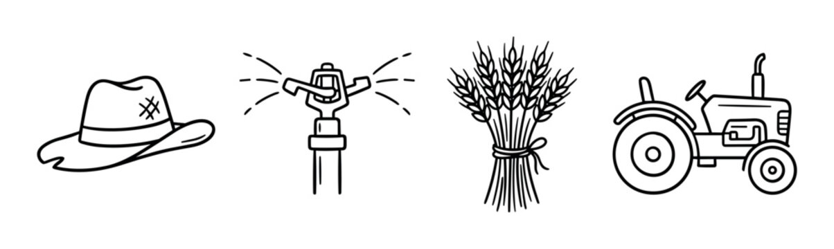 Farmer hat, irrigation sprinkler, wheat bundle, and tractor icons, agriculture farming line art vector illustration set
