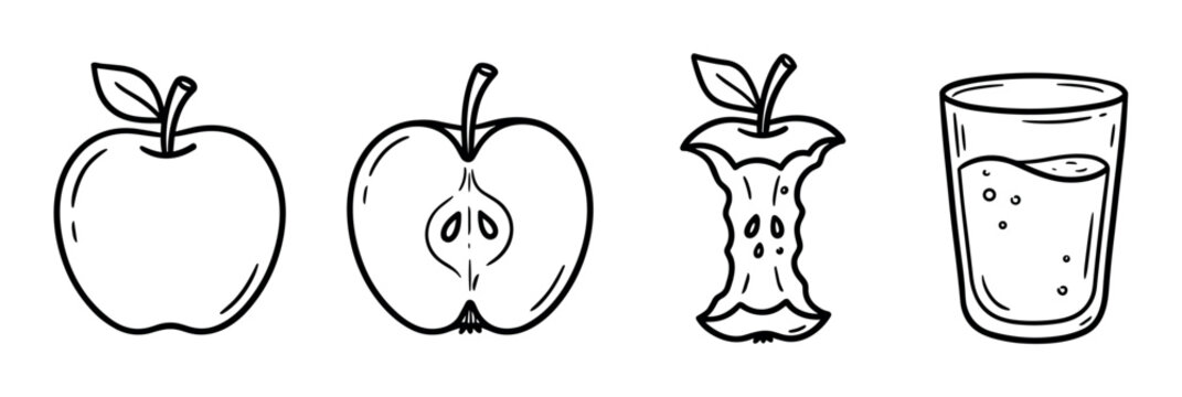 Apple fruit whole half core juice glass icons set, hand drawn doodle style vector illustration for healthy food and drink concepts