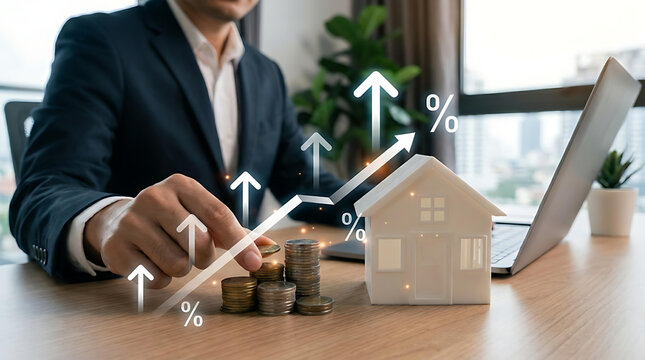 Real Estate Investment and Mortgage Growth Concept with House Model Coins and Financial Analysis