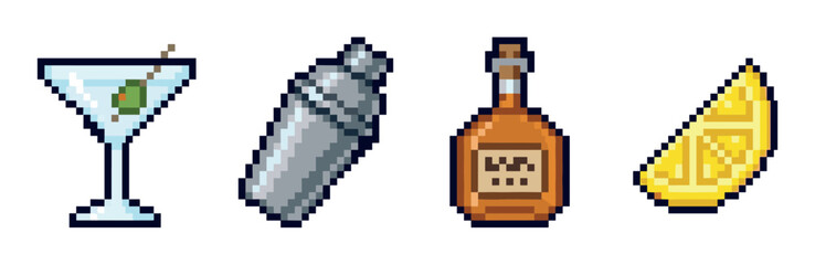 Obraz premium Martini glass, cocktail shaker, liquor bottle, and lemon slice icons in a retro pixel art style, perfect for game design or vintage-themed projects